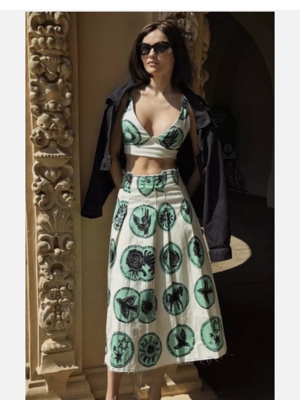 Zara White Midi Skirt with Mint Green Circular Print